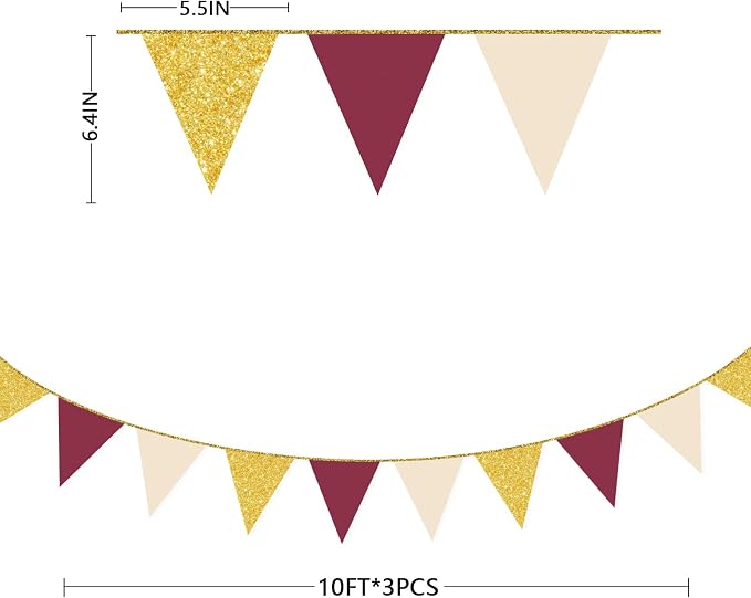 Burgundy Beige Gold Party Pennant Banner Flag Maroon Gold Hanging Glitter Paper - Image 2