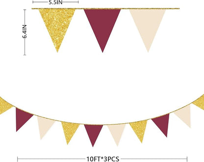 Burgundy Beige Gold Party Pennant Banner Flag Maroon Gold Hanging Glitter Paper - Image 2