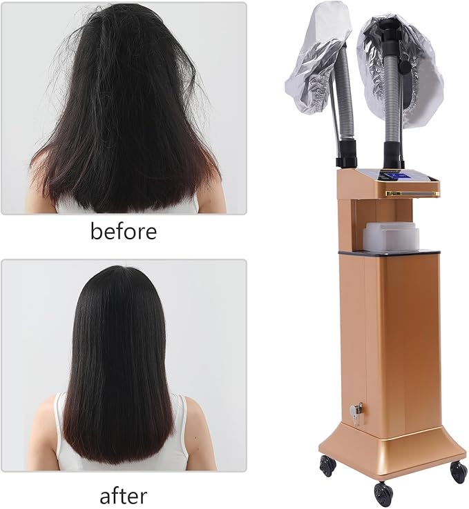Multifunctional Hair Steamer Cold Mist Ozone Oil Treatment Dyeing Machine with 2 Steam Caps Standing Hooded Hair Care Processor with Wheels 2 Telescopic Tubes Time/Temp Control for Barbershops Salons