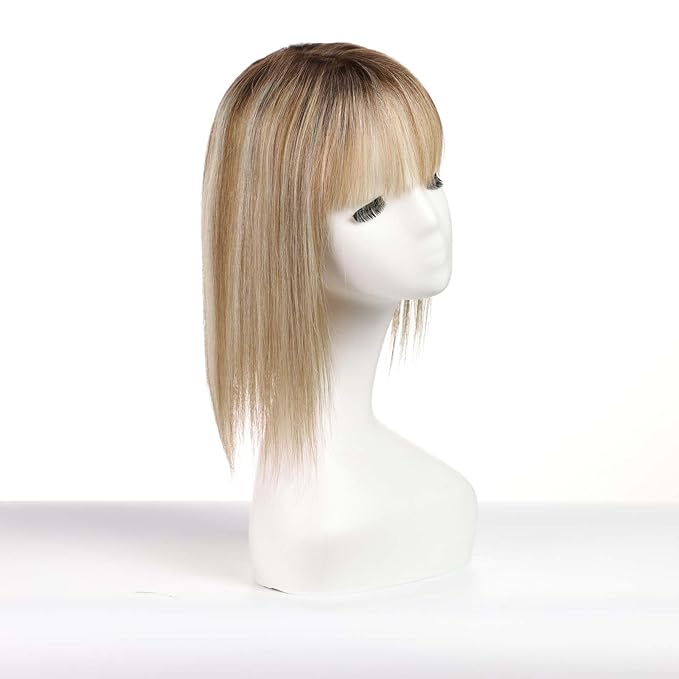 starluck Hair Toppers for Women with Bangs, 5"*5.5"Large Coverage Ombre Light Brown with Blond Highlight 100% Real Human Hair Toppers for Women with ThinningHair,Cover Gray HairRoots