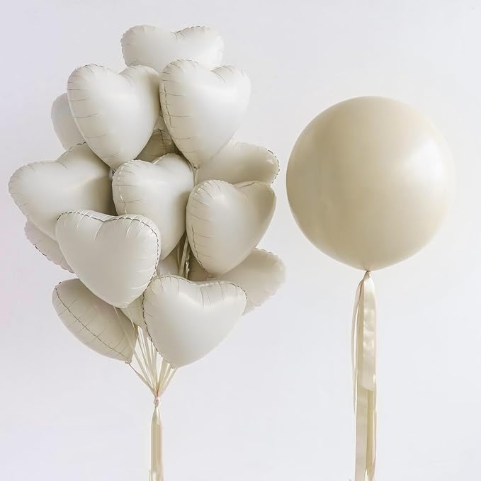 Cream White Heart Balloons, 18Inch Beige Helium Polyester Film Balloon - Image 3