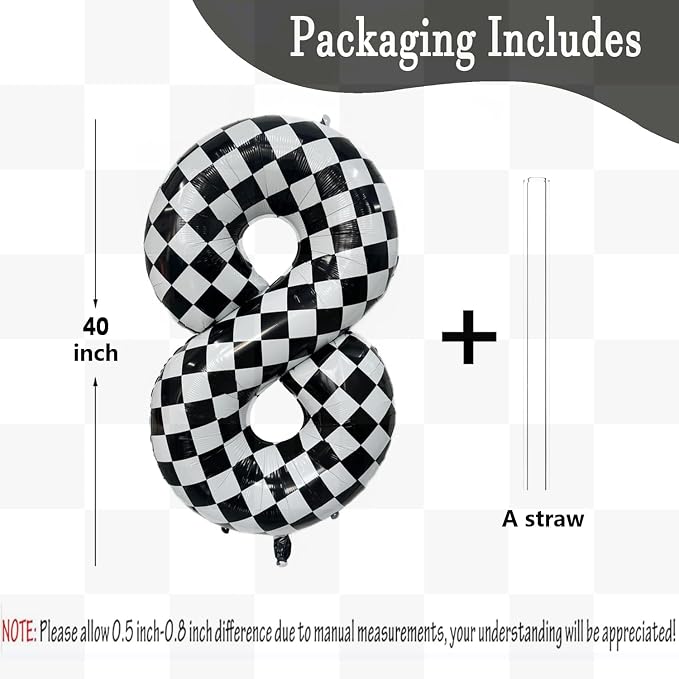 40 Inch Checkered Number Balloon 8 Black and White Number 8 Balloon Foil Helium - Image 2