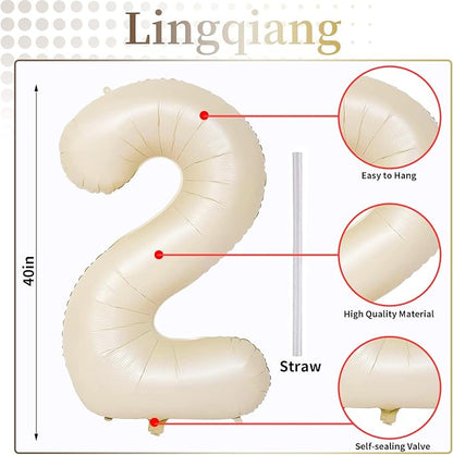 Cream 2 Balloons, 40 Inch Giant Helium Foil Number 0-9 Beige 2th Birthday - Image 2