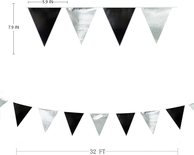Black and Silver Party Decorations Triangle Pennant Banner Flag Metallic Fabric - Image 2