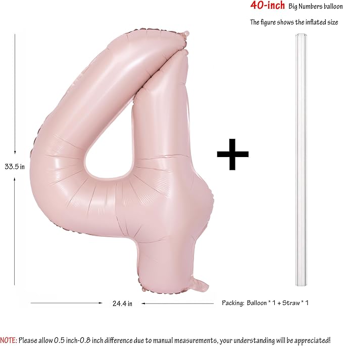 40 Inch Pink Number 4 Foil Balloon Light Pink Digital 4 Helium Balloon | - Image 2