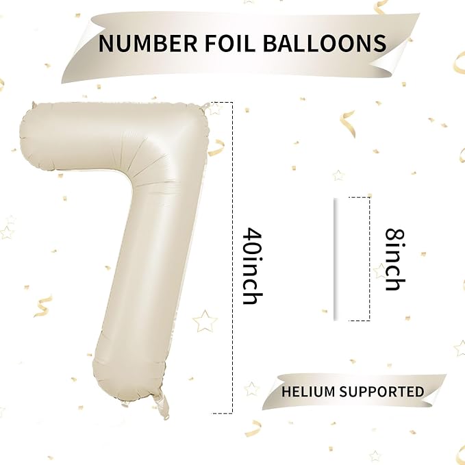 40 Inch Cream Number 7 Balloon, Digital 7 Cream White Giant 7 Foil Balloon - Image 2