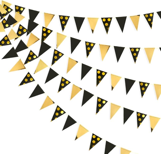 30Ft Black Gold Party Decorations Polka Dot Pennant Banner Paper Circle Dot by pinkblume