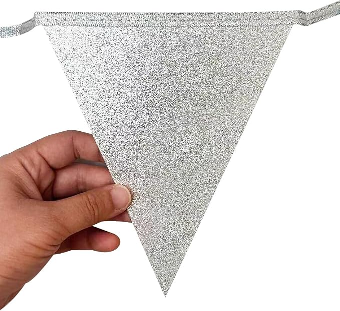 Dusty Blue Silver White Party Decorations Pennant Banner Flag Hanging Glitter - Image 4