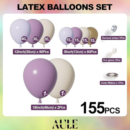 AULE 155Pcs Dusty Purple Balloon Arch Kit Sand White Gold Balloons | Macaron - Image 2