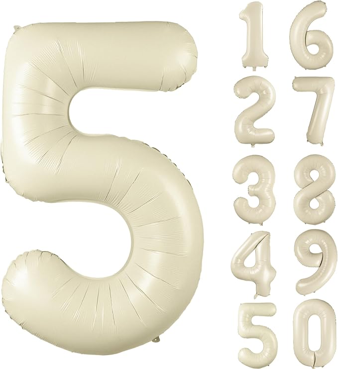 40 inch Cream White Number Balloon Giant Foil Helium Balloons Beige Number 5 by Yeodong