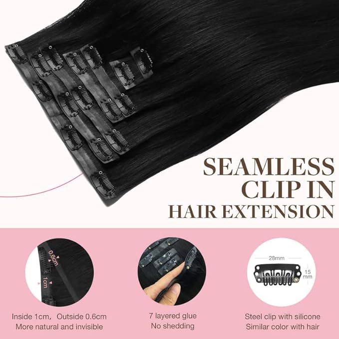GOO GOO Clip in Hair Extensions Real Human Hair, Remy Human Hair Extensions Clip ins for Women, Natural Human Hair, 16inch 110g 7Pcs, 1 Jet black