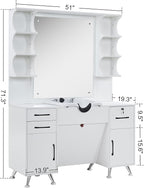 BarberPub Backwash Shampoo Bowl Cabinet, Wall Mount Station with Mirror, Storage Cabinet with Drawers & Shelf Salon Equipment for Barber Salon 3141 (White)