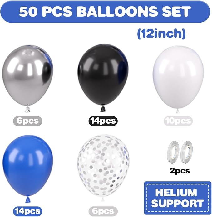 Blue and Black Balloons, 12 Inch Graduation Balloons, Dark Blue Black White - Image 2