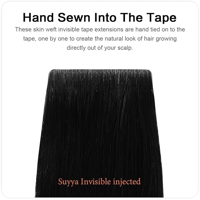 SUYYA Invisible Tape in Hair Extensions Human Hair Jet Black Seamless Injected Hand-Tied Pro Quality Virgin Human Hair 20PCS 50G/Pack Straight Tape Ins(18 inch #1 Jet Black)