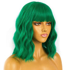 Short Bob Wigs with Bangs for Women Loose Wavy Wig Curly Wavy Shoulder Length Bob Synthetic Cosplay Wig for Girl Colorful Costume Wigs (Green)