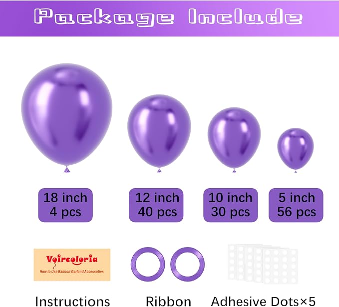 Voircoloria 130pcs Metal Purple Balloons Garland Arch Kit, 18 12 10 5 Inch | - Image 2