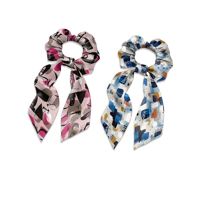 Abstract Art Hair Scarf Scrunchies for Women Pack of 2 Geometry Elastic Hair Band with Ribbon Soft Knotted Scrunchy Fashion Accessories