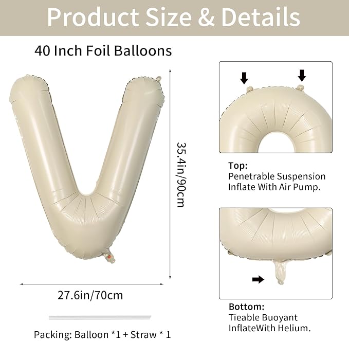 Biapian 40 Inch Giant Cream V Foil Balloons, Large Aluminum V Balloons Helium - Image 2