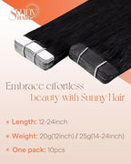 Sunny Hair Tape in Hair Extensions Real Human Hair Invisible Remy Hair Extensions Tape ins for Women Jet Black 16 inch 25G