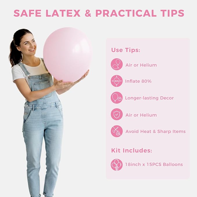 LovesTown 15PCS Pink Party Balloons, 18inch Latex Balloons Garland Arch Kit - Image 7