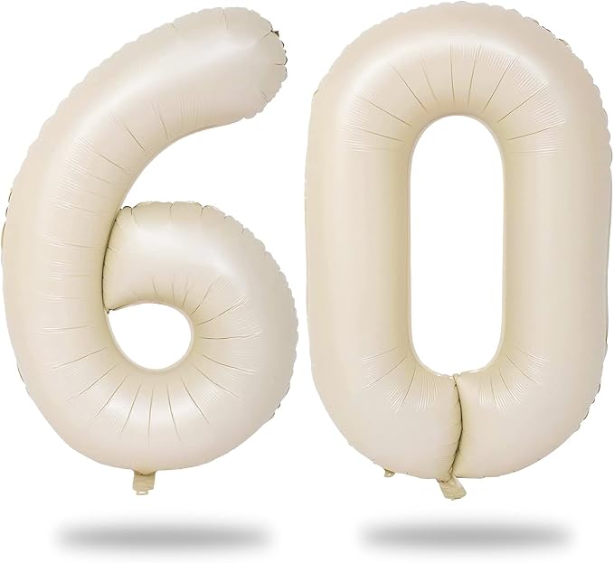 60th Birthday Balloons Cream for Women, 40 Inch Giant Beige Foil 60 Balloon by Lingqiang