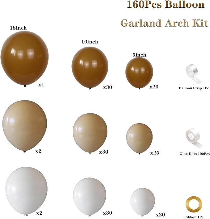 160Pcs Boho Brown White Nude Balloon Garland Arch Kit Dark Brown Nude Tan White - Image 2
