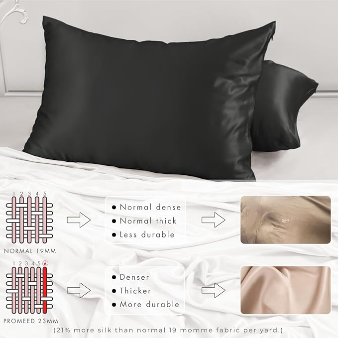 PROMEED Upgraded Grade 6A+ Black Silk Pillowcase with Zipper, 23 Momme Natural Mulberry Silk Pillow Cases for Hair and Skin - Easy Care with Free Laundry Bag (Queen 20"x30", Black)