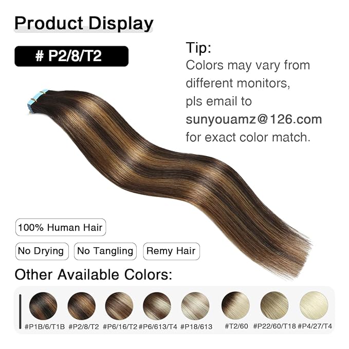 SUYYA Tape in Hair Extensions Human Hair Balayage Darkest Brown to Light Brown 12 Inch 40g/pack 20pcs Straight Seamless Skin Weft Tape in Real Human Hair Extensions(12inch #P2/8/T2)