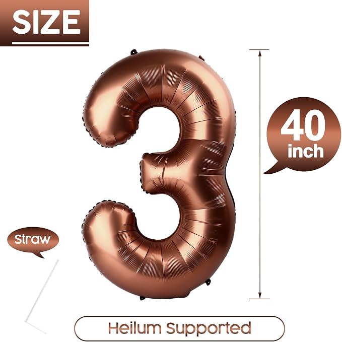 3 Balloon - Brown Birthday Number Balloons, 40 Inch Decorations Men Women | - Image 5