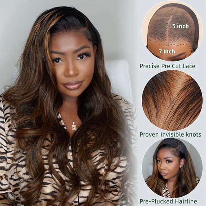 KLAIYI Bye Bye Knots Glueless Wig Ombre Brown Body Wave Pre Cut 7x5 Lace Front Wigs Human Hair Pre Plucked Pre Bleached Pre Everything Wear and Go Wig 12A Highlight Balayage 30S Ready To Go 18Inch