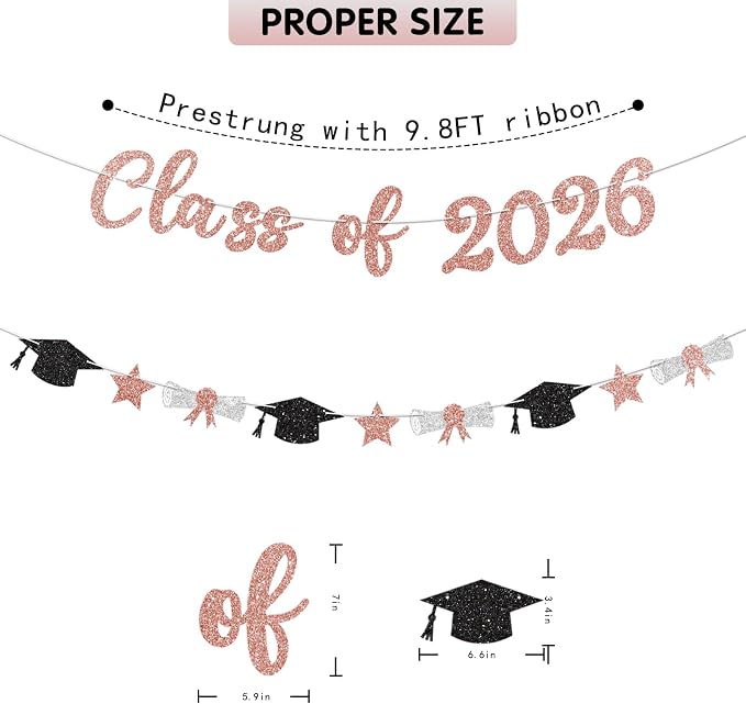 Class of 2026 Banner Rose Gold Graduation Decorations Prestrung 2026 Graduation - Image 4
