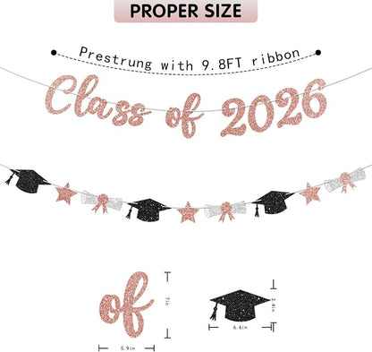 Class of 2026 Banner Rose Gold Graduation Decorations Prestrung 2026 Graduation - Image 4