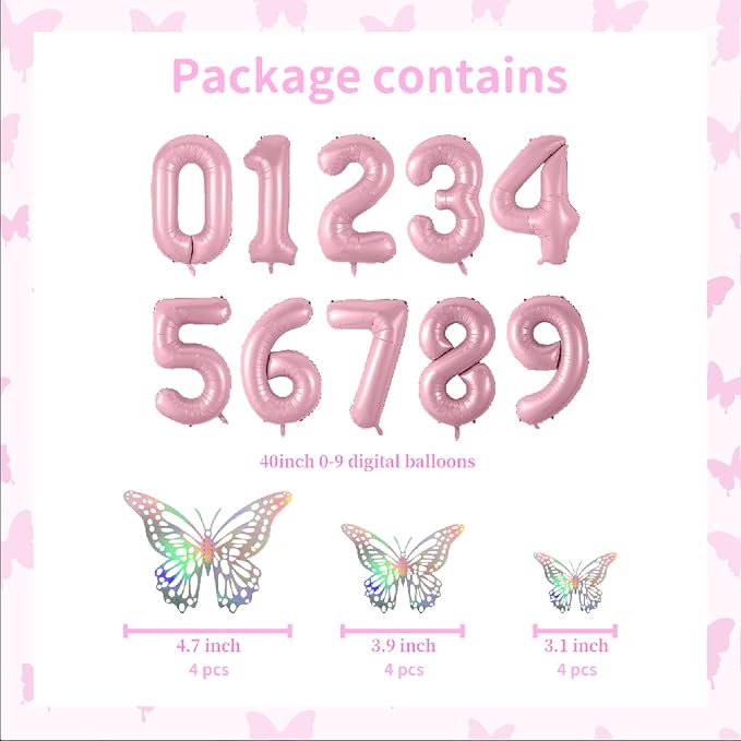 40 Inch Number Balloon Pink Large Mylar Foil Pink Number Balloons and Butterfly - Image 2