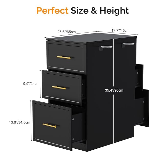 OmySalon Salon Stations for Hair Stylist, Double-Sided Barber Station with 6 Drawers & 2 Dryer Holders, Modern Hair Styling Cabinet for Beauty Salon Barbershop, Black