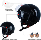 Open Face Motorcycle Helmet for Adults, DOT Approved,3/4 Retro Vespa Helmet, Dual Visors Men's and Women's Motorbike Casco for Moped Cruiser Bobber and Chopper