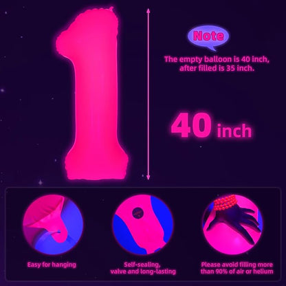 Mega-L Glow in The Dark Party Supplies, 40 Inch Fuchsia Number 1 Balloon | Glow - Image 4