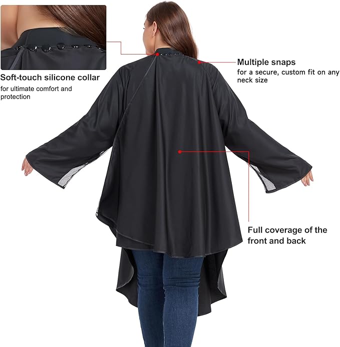 PERFEHAIR Barber & Salon Cape with Soft Silicone Collar & Sleeves | Breathable Hair Cutting Cape with Underarm Mesh | Large, Lightweight & Hair & Water Repellent, Black