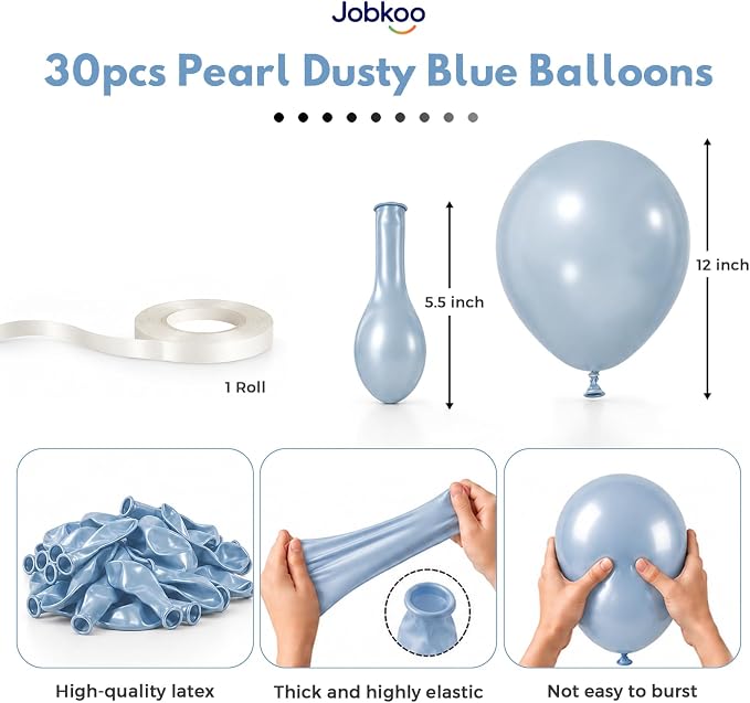 Jobkoo Pearl Dusty Blue Balloons, 12 Inch Slate Fog Pale Muted Blue Balloon | - Image 2