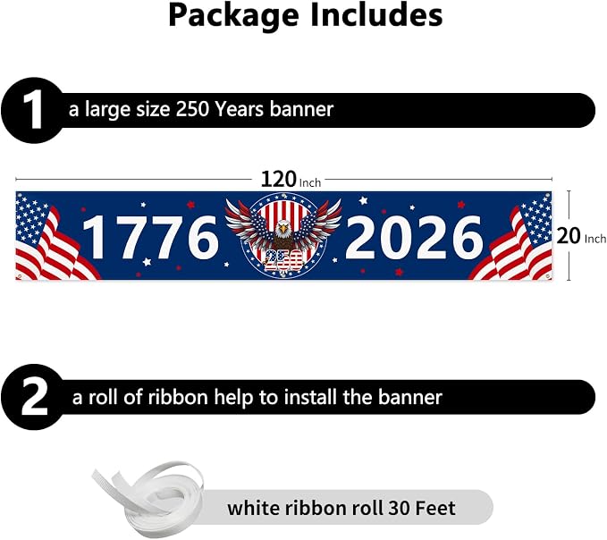 Large 250th Anniversary Banner 120" x 20" 1776-2026 250 Years Birthday America - Image 4