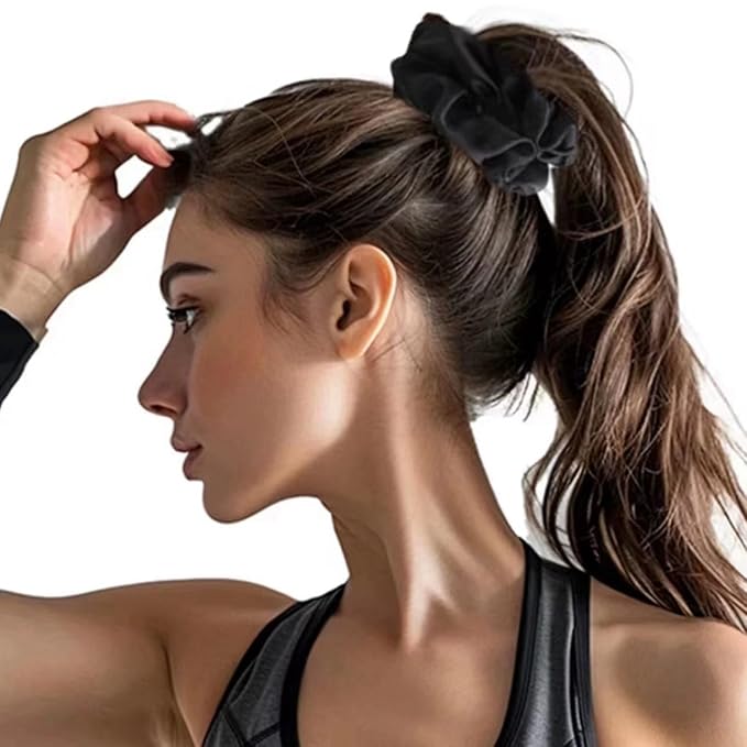 4PCS Big Satin Silk Scrunchies for Women Thick Hair, 6.3Inches Extra Large Scrunchy Oversized Thick Elastic Hair Ties Bands Ponytail Holders Jumbo Scrunchies (Black White Pink Silvergray)