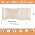 Silk Pillowcase for Hair and Skin, 2 Pack 100% Mulberry Silk Pillowcase 25 Momme, 600 Thread Count, Both Side Pure Silk Pillow Cover with Hidden Zipper (Beige, King 20''×36'')