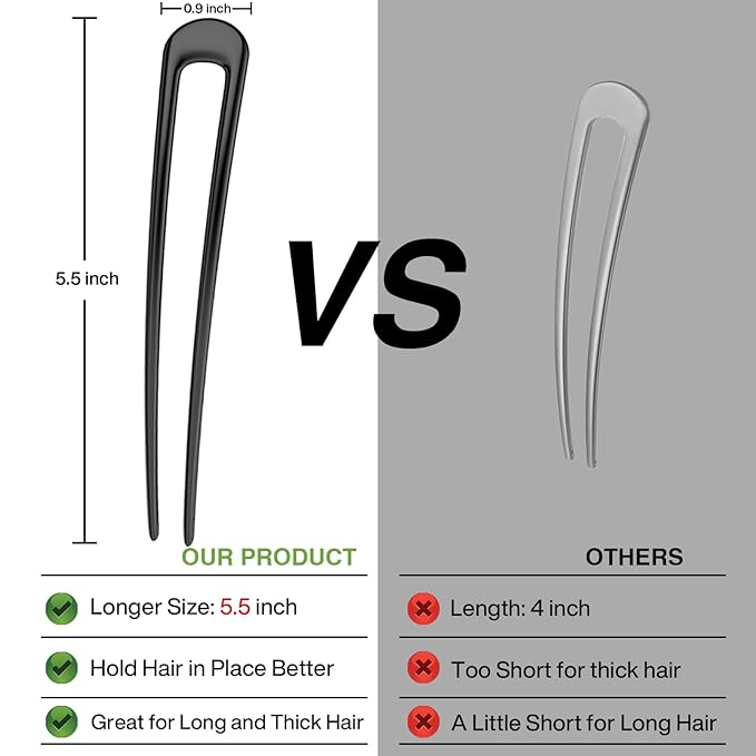 French Hair Pins Metal Hair Fork U Shaped Extra Long Chignon 2 Prong Sticks for Women Hair Accessories (Black- 2 Pieces)