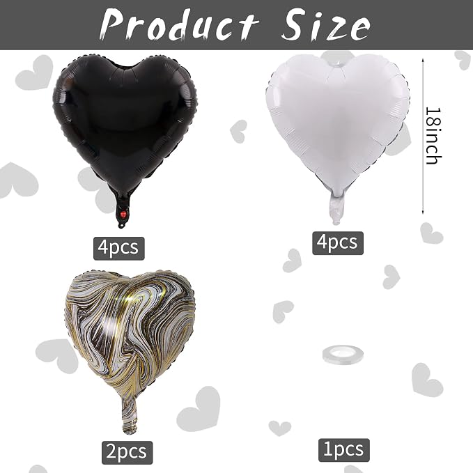 Black White Foil Heart Balloons, Valentines Balloons 18inch Black Foil Balloon - Image 2