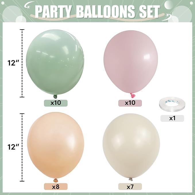 Pink and Green Balloons, 12 Inch Sage Green Pink Sand White Balloons - Image 2