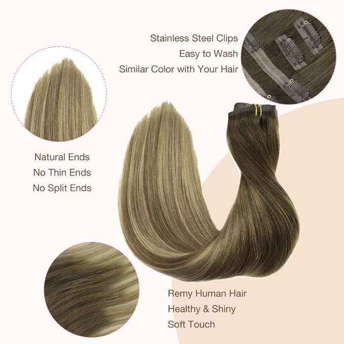 GOO GOO Clip in Hair Extensions Real Human Hair, Remy Human Hair Extensions Clip ins for Women, Natural Human Hair, 18inch 110g 7Pcs, 3/8/613 Balayage Walnut Brown to Ash Brown and Bleach Blonde