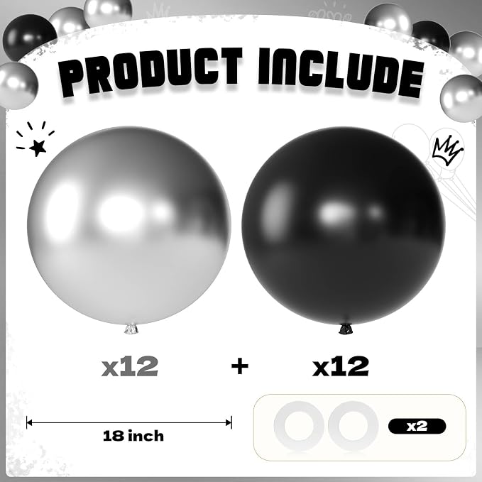 Black and Silver Balloons 18 Inch 24 Pack Matte Helium Latex Round Balloons - Image 2