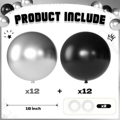 Black and Silver Balloons 18 Inch 24 Pack Matte Helium Latex Round Balloons - Image 2
