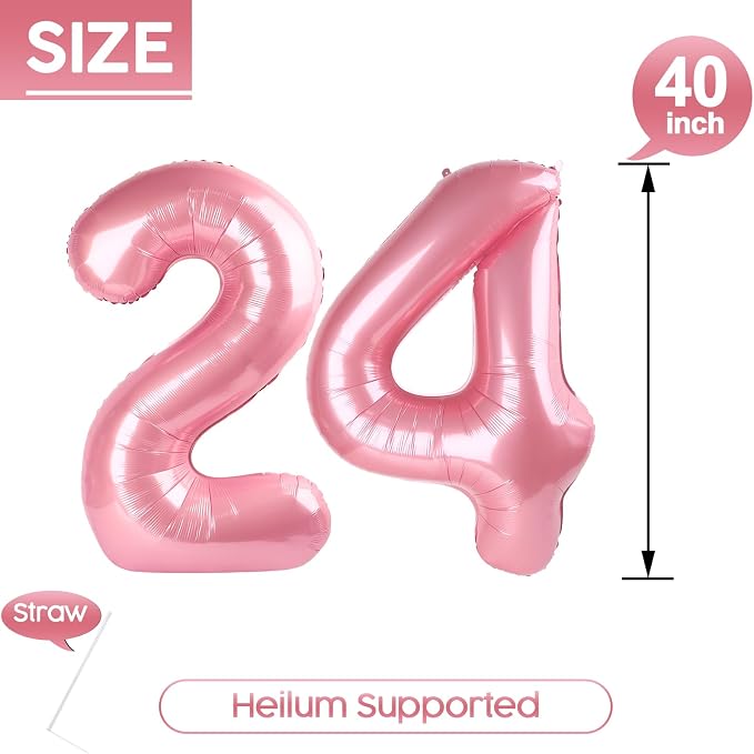 24 Balloon - Pastel Pink Birthday Number Balloons, 40 Inch Decorations | Pastel - Image 5