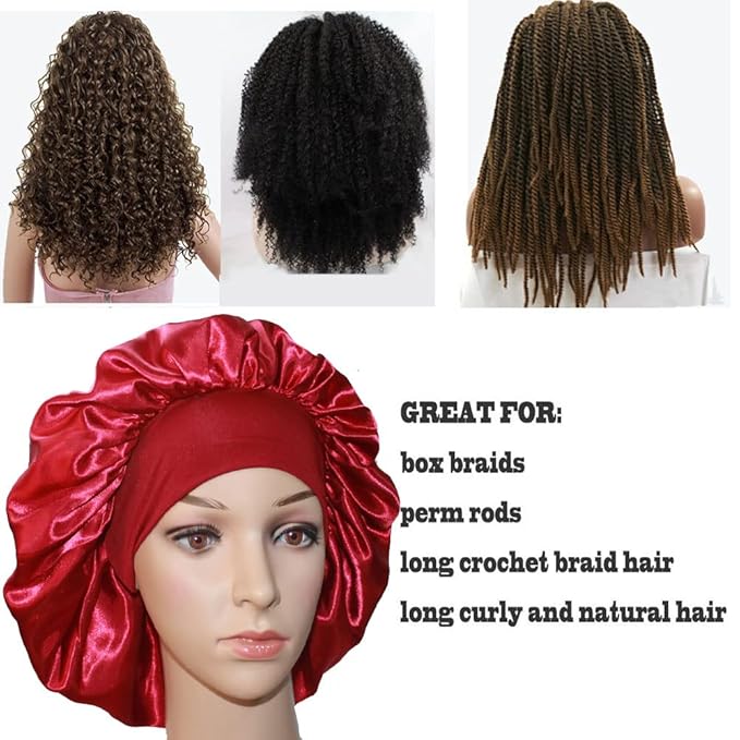 VEYRNEIC Hair Satin Bonnet for Sleeping Shower Caps Silk Chemo Caps with Wide Elastic Band Night Sleep Cap Bonnets for Black Women Braids with Satin Storage Bag (Wine Red)