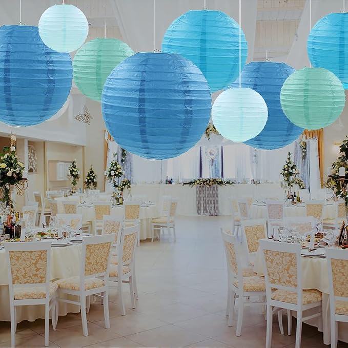 Blue Paper Lanterns 12 Pcs Assorted size of 6" 8" 10" 12" Chinese Round Paper - Image 3